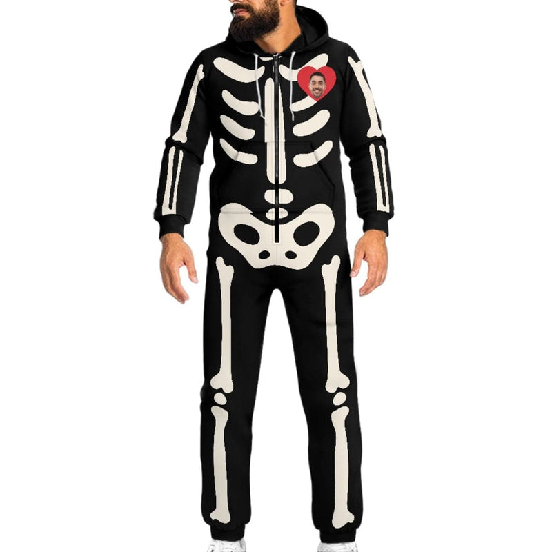 Halloween Custom Face Bones Family Hooded Onesie Jumpsuits with Pocket Personalized Zip One-piece Pajamas for Adult kids