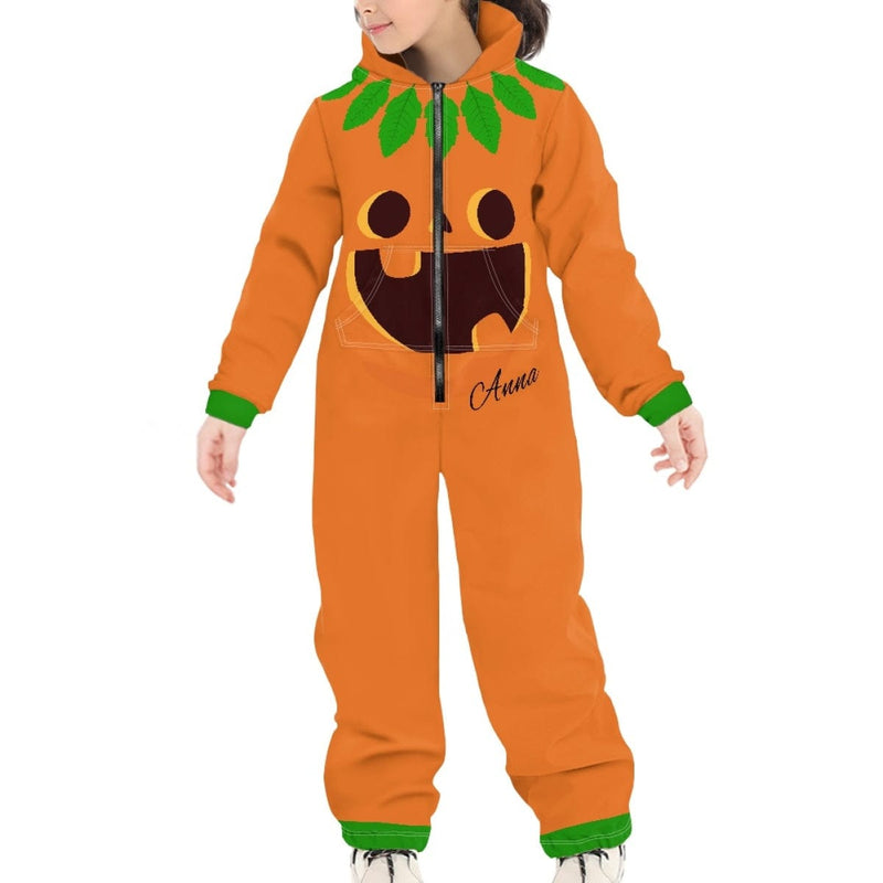 Halloween Custom Name Pumpkin Family Hooded Onesie Jumpsuits with Pocket Personalized Zip One-piece Pajamas for Adult kids