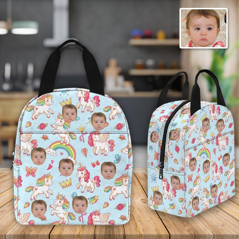 Personalized Lunch Box Custom Face Rainbow White Horse Lunch Bag School Bag Backbag