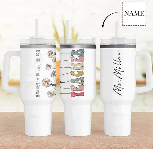 Custom Name Gift For Teacher Personalized 40oz Stainless Steel Travel Mug with Handle and Straw Lid Large Capacity Car Cup