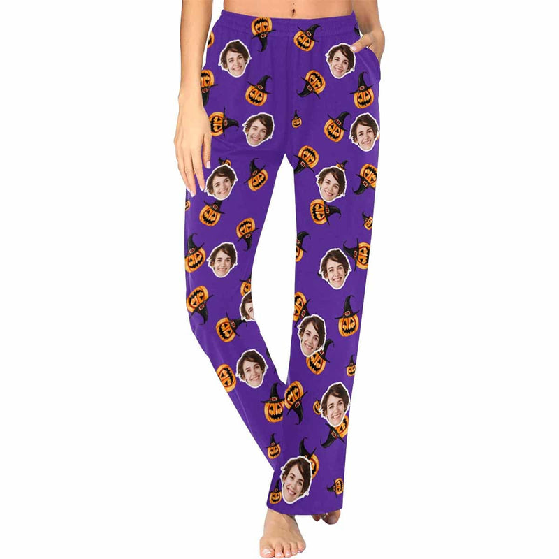 Halloween Family Matching Pajama Pants Custom Face Purple Pumpkin Head Tracksuit Halloween Party