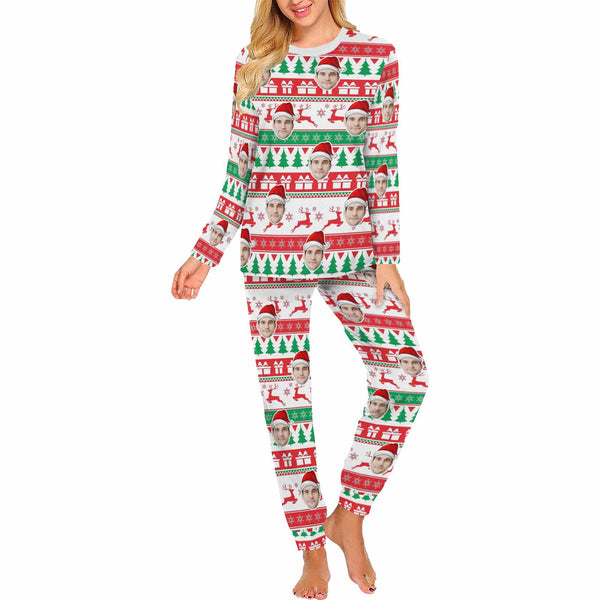 [Discount - limited time] Custom Face Trees Christmas Hat Trees  Sleepwear Personalized Family Slumber Party Matching Long Sleeve Pajamas Set