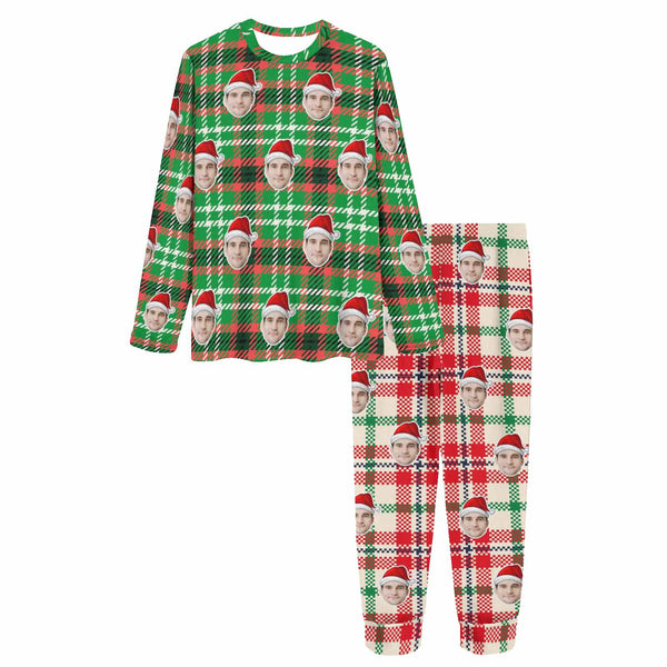 [Discount - limited time] Custom Face Colorful Christmas Grids Sleepwear Personalized Family Slumber Party Matching Long Sleeve Pajamas Set