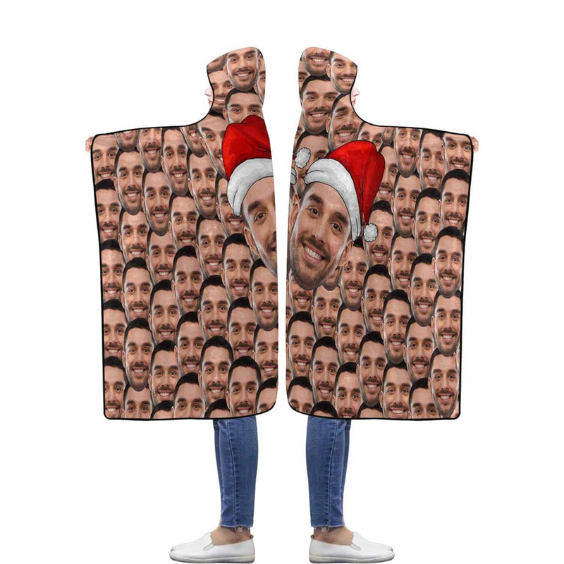 Custom Face Christmas Hat Flannel Hooded Blanket