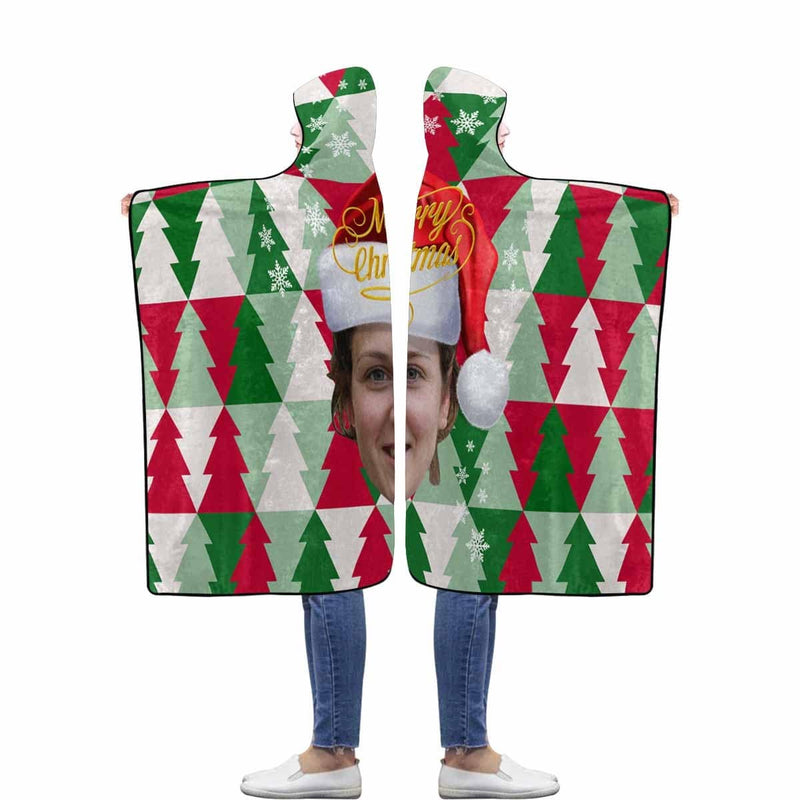 Custom Face Christmas Hat Tree Flannel Hooded Blanket