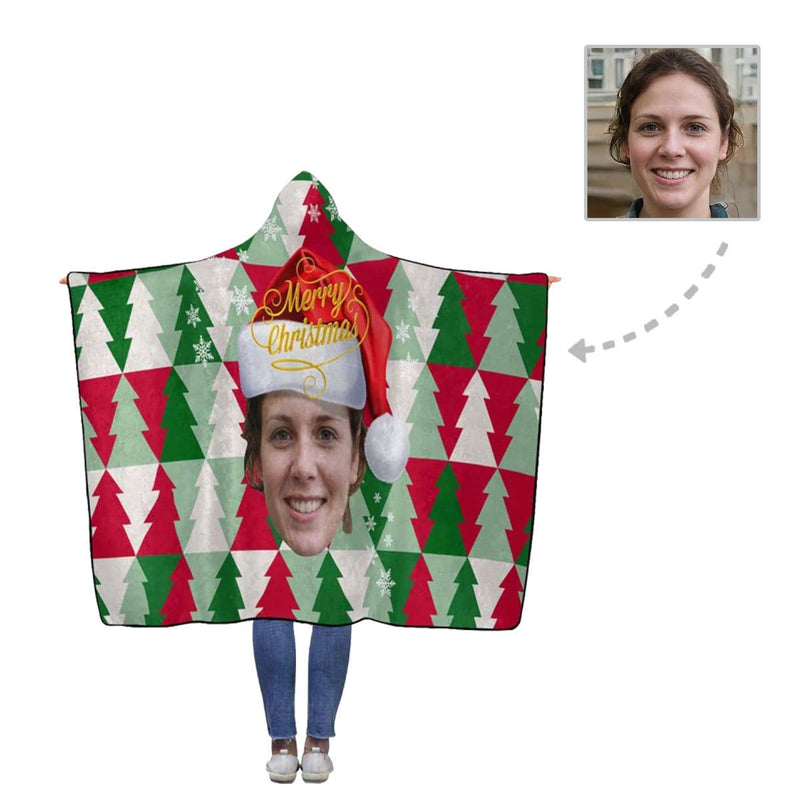 Custom Face Christmas Hat Tree Flannel Hooded Blanket