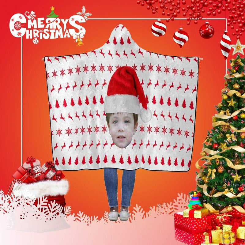 Custom Face Christmas Patterns White Flannel Hooded Blanket