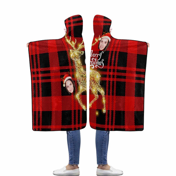 Custom Face Merry Christmas Deer Flannel Hooded Blanket