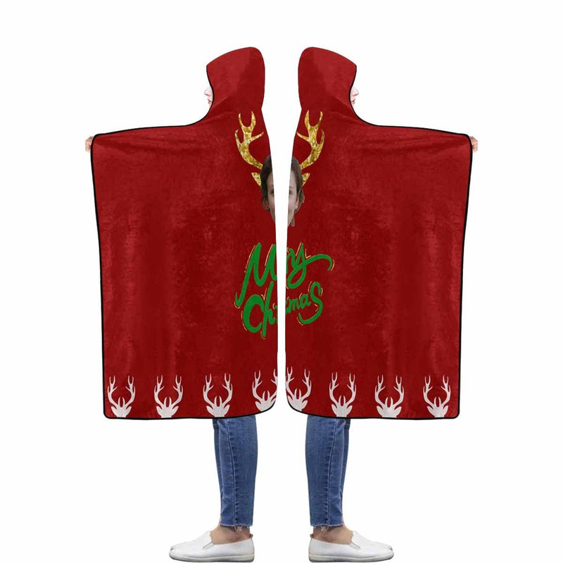 Custom Face Merry Christmas Wapiti Flannel Hooded Blanket