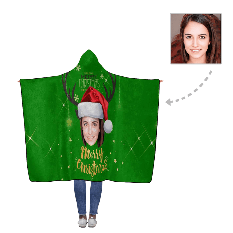 Custom Face Snowflake Christmas Hat Flannel Hooded Blanket