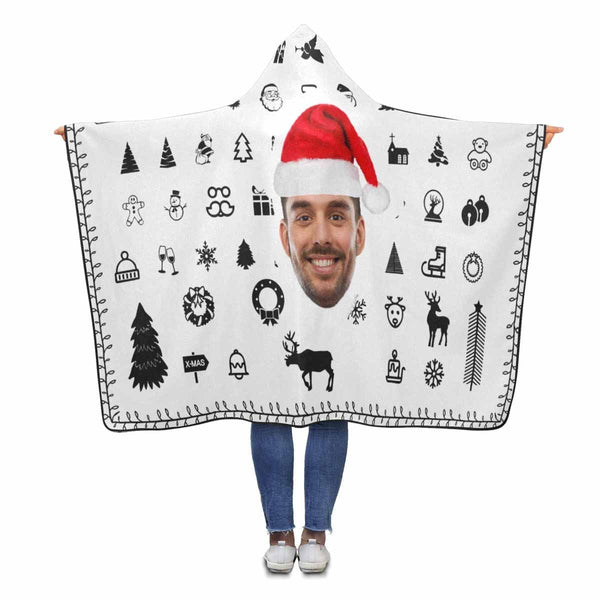 Custom Face White Christmas Flannel Hooded Blanket