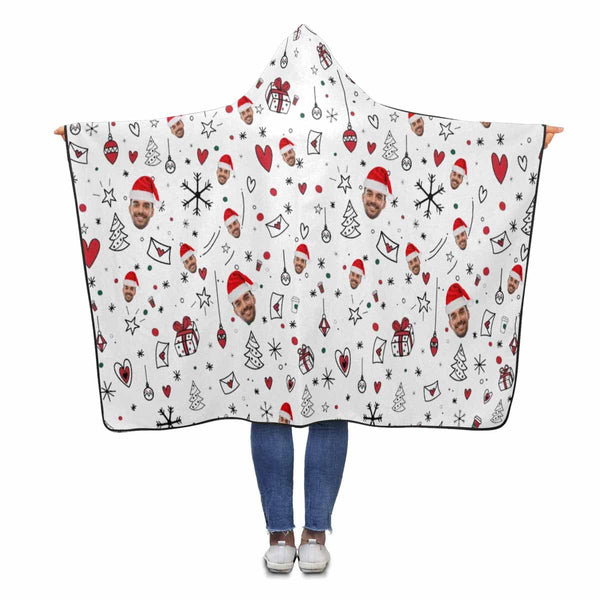 Custom Face White Merry Christmas Flannel Hooded Blanket