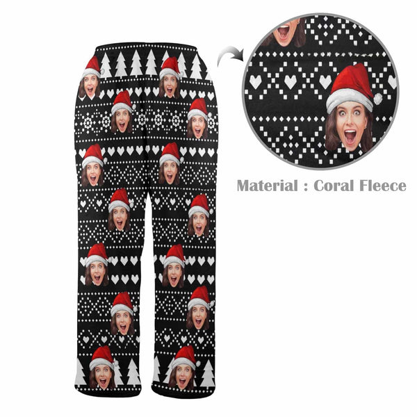 FacePajamas Pajama Shirt&Pants-Fleece Coral Fleece Pajama Trousers-Custom Face Black Christmas Background Red Hat Warm and Comfortable Sleepwear Long Pajama Pants For Men Women