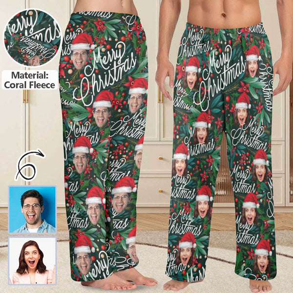 FacePajamas Pajama Shirt&Pants-Fleece Coral Fleece Pajama Trousers-Custom Face Christmas Red Beans Print Warm and Comfortable Sleepwear Long Pajama Pants For Men Women