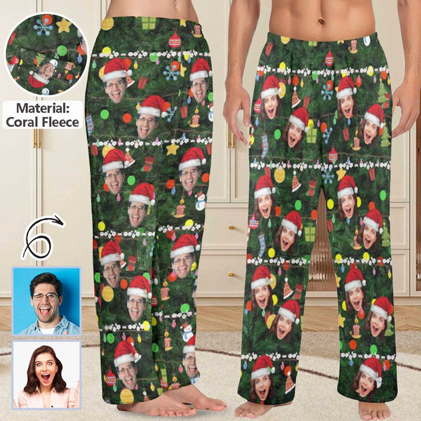 FacePajamas Pajama Shirt&Pants-Fleece Coral Fleece Pajama Trousers-Custom Face Christmas Red Hat Tree Trinkets Warm and Comfortable Sleepwear Long Pajama Pants For Men Women