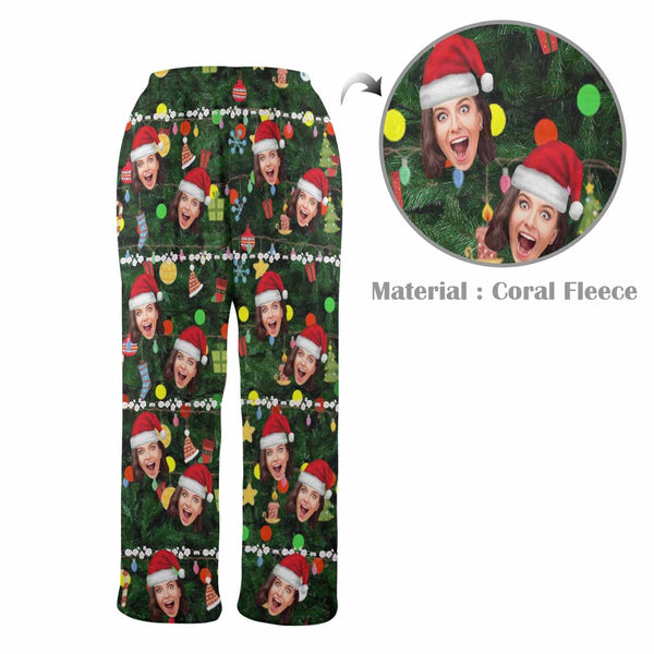 FacePajamas Pajama Shirt&Pants-Fleece Coral Fleece Pajama Trousers-Custom Face Christmas Red Hat Tree Trinkets Warm and Comfortable Sleepwear Long Pajama Pants For Men Women