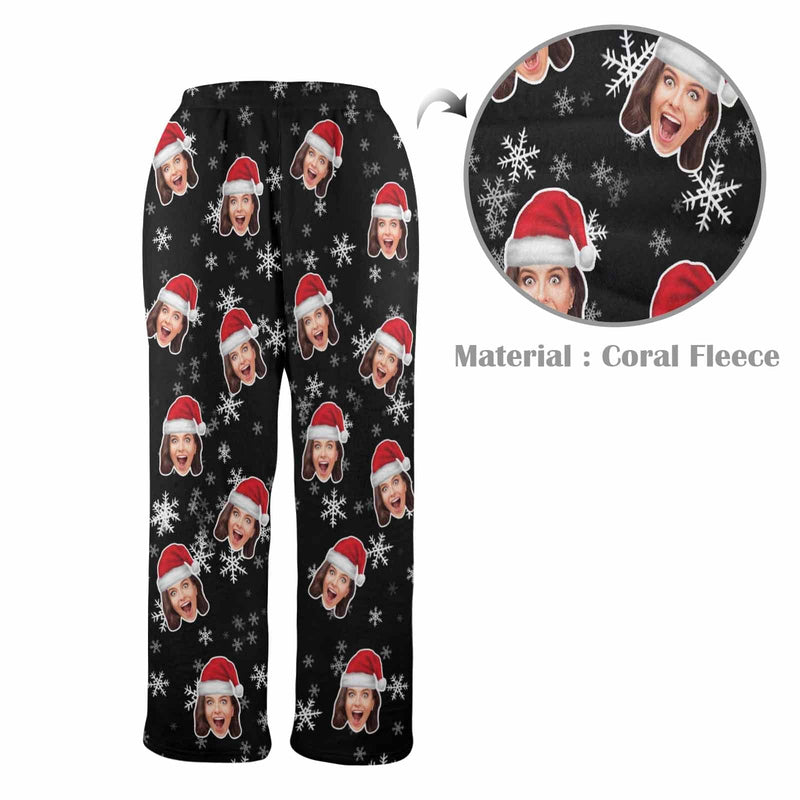 FacePajamas Pajama Shirt&Pants-Fleece Coral Fleece Pajama Trousers-Custom Face Christmas Snowflake Warm and Comfortable Sleepwear Long Pajama Pants For Men Women