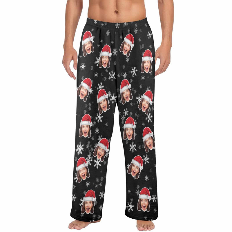 FacePajamas Pajama Shirt&Pants-Fleece Coral Fleece Pajama Trousers-Custom Face Christmas Snowflake Warm and Comfortable Sleepwear Long Pajama Pants For Men Women