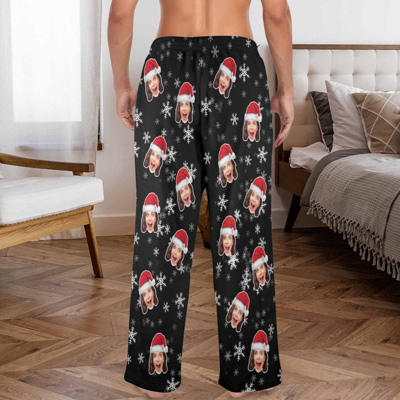 FacePajamas Pajama Shirt&Pants-Fleece Coral Fleece Pajama Trousers-Custom Face Christmas Snowflake Warm and Comfortable Sleepwear Long Pajama Pants For Men Women