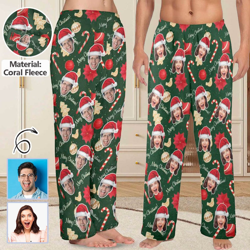 FacePajamas Pajama Shirt&Pants-Fleece Coral Fleece Pajama Trousers-Custom Face Christmas Sticks Red Hat Warm and Comfortable Sleepwear Long Pajama Pants For Men Women