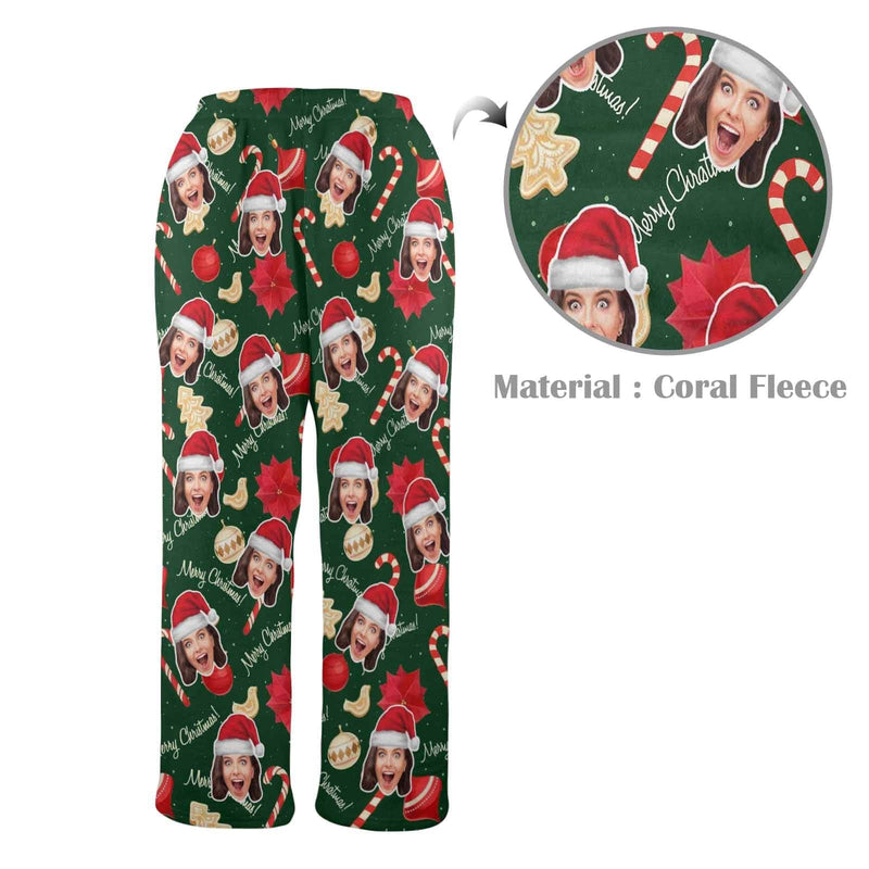 FacePajamas Pajama Shirt&Pants-Fleece Coral Fleece Pajama Trousers-Custom Face Christmas Sticks Red Hat Warm and Comfortable Sleepwear Long Pajama Pants For Men Women