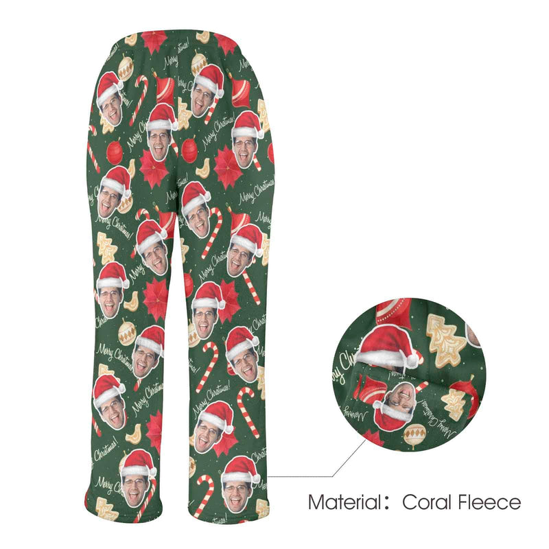 FacePajamas Pajama Shirt&Pants-Fleece Coral Fleece Pajama Trousers-Custom Face Christmas Sticks Red Hat Warm and Comfortable Sleepwear Long Pajama Pants For Men Women