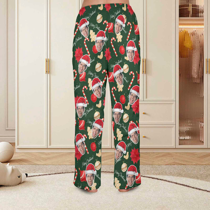 FacePajamas Pajama Shirt&Pants-Fleece Coral Fleece Pajama Trousers-Custom Face Christmas Sticks Red Hat Warm and Comfortable Sleepwear Long Pajama Pants For Men Women