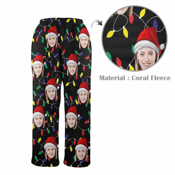 FacePajamas Pajama Shirt&Pants-Fleece Coral Fleece Pajama Trousers-Custom Face Colored Light Bulbs Christmas Red Hat Warm and Comfortable Sleepwear Long Pajama Pants For Men Women