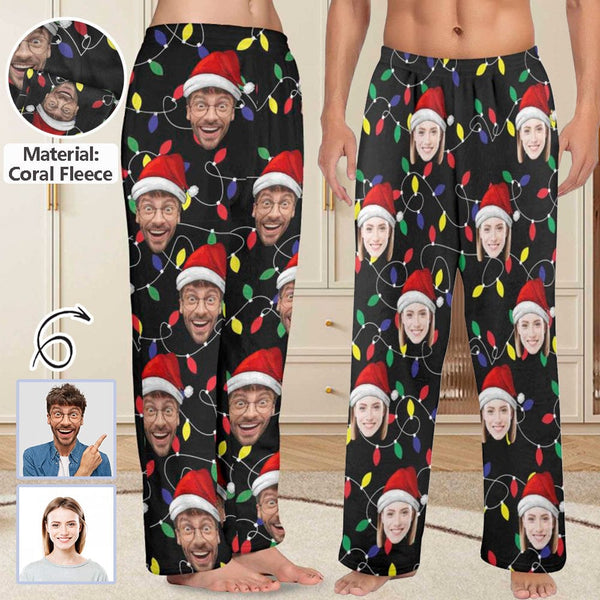 FacePajamas Pajama Shirt&Pants-Fleece Coral Fleece Pajama Trousers-Custom Face Colored Light Bulbs Christmas Red Hat Warm and Comfortable Sleepwear Long Pajama Pants For Men Women