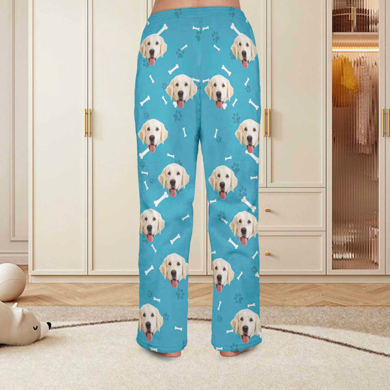 FacePajamas Pajama Shirt&Pants-Fleece Coral Fleece Pajama Trousers-Custom Face Dog Bone Paw Print Warm and Comfortable Sleepwear Long Pajama Pants For Men Women