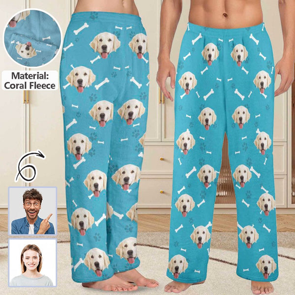 FacePajamas Pajama Shirt&Pants-Fleece Coral Fleece Pajama Trousers-Custom Face Dog Bone Paw Print Warm and Comfortable Sleepwear Long Pajama Pants For Men Women