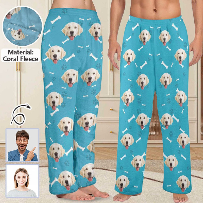 FacePajamas Pajama Shirt&Pants-Fleece Coral Fleece Pajama Trousers-Custom Face Dog Bone Paw Print Warm and Comfortable Sleepwear Long Pajama Pants For Men Women