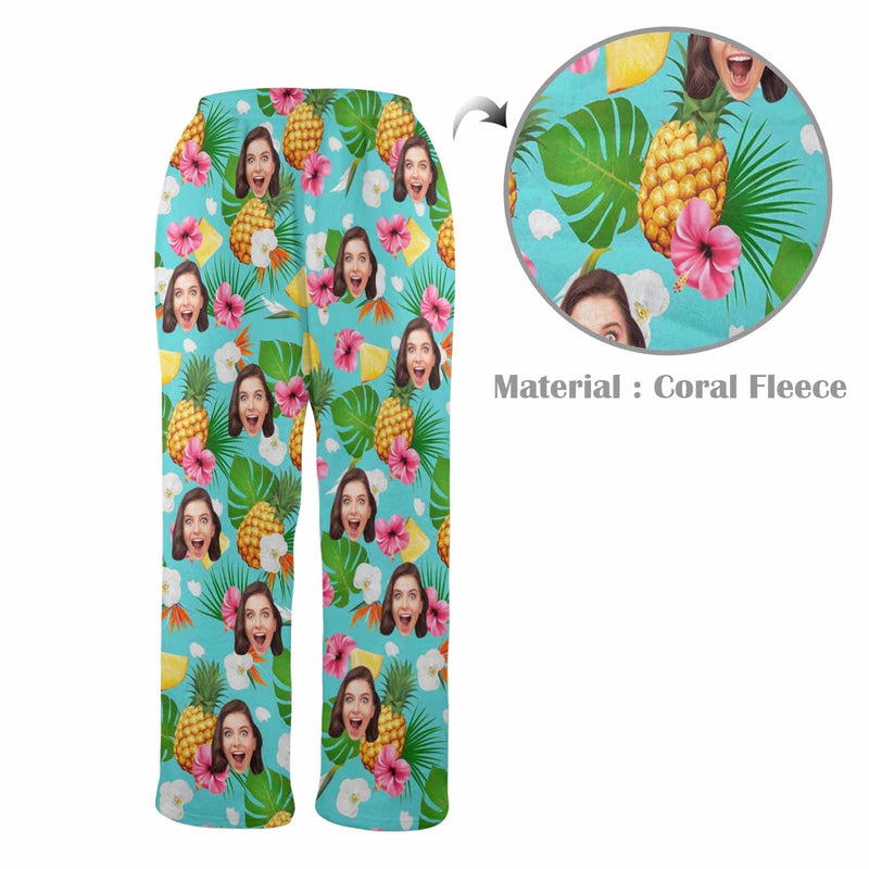 FacePajamas Pajama Shirt&Pants-Fleece Coral Fleece Pajama Trousers-Custom Face Flowers And Pineapple Print Warm and Comfortable Sleepwear Long Pajama Pants For Men Women