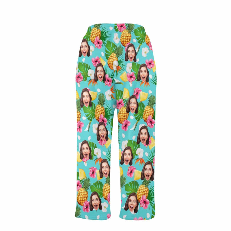 FacePajamas Pajama Shirt&Pants-Fleece Coral Fleece Pajama Trousers-Custom Face Flowers And Pineapple Print Warm and Comfortable Sleepwear Long Pajama Pants For Men Women