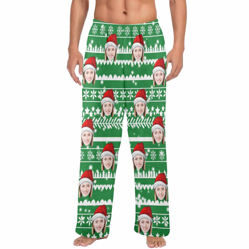 FacePajamas Pajama Shirt&Pants-Fleece Coral Fleece Pajama Trousers-Custom Face Green Christmas Tree Warm and Comfortable Sleepwear Long Pajama Pants For Men Women