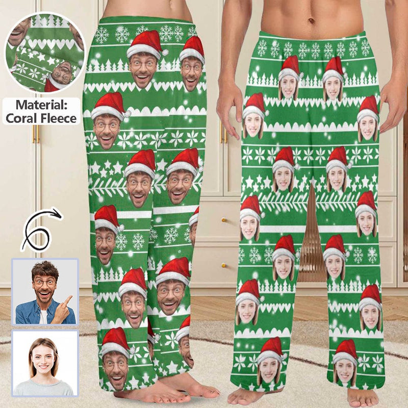 FacePajamas Pajama Shirt&Pants-Fleece Coral Fleece Pajama Trousers-Custom Face Green Christmas Tree Warm and Comfortable Sleepwear Long Pajama Pants For Men Women