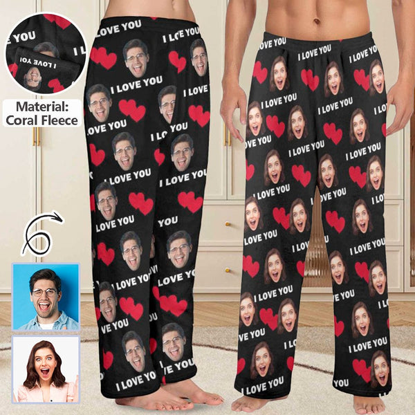 FacePajamas Pajama Shirt&Pants-Fleece Coral Fleece Pajama Trousers-Custom Face Heart Lover Print Warm and Comfortable Sleepwear Long Pajama Pants For Men Women