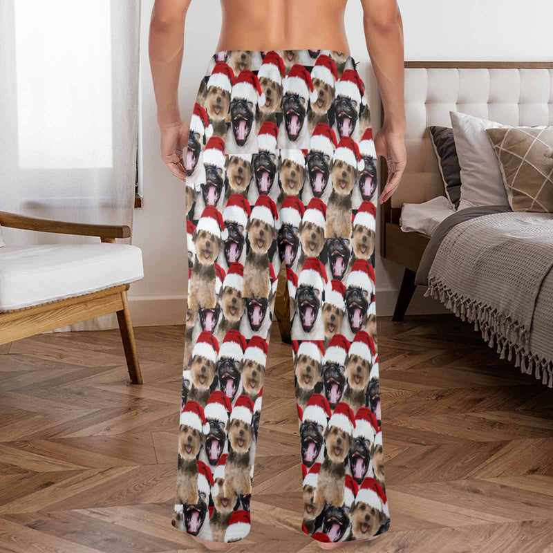 FacePajamas Pajama Shirt&Pants-Fleece Coral Fleece Pajama Trousers-Custom Face Pet Christmas Red Hat Warm and Comfortable Sleepwear Long Pajama Pants For Men Women