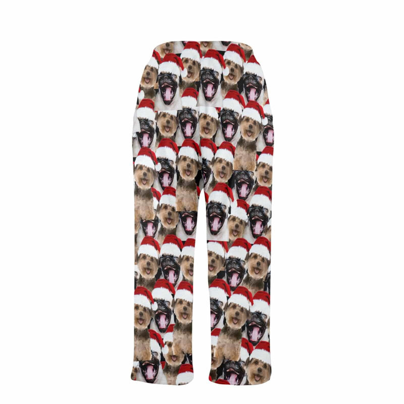 FacePajamas Pajama Shirt&Pants-Fleece Coral Fleece Pajama Trousers-Custom Face Pet Christmas Red Hat Warm and Comfortable Sleepwear Long Pajama Pants For Men Women