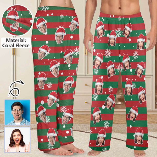 FacePajamas Pajama Shirt&Pants-Fleece Coral Fleece Pajama Trousers-Custom Face Red And Green Christmas Snowflake Warm and Comfortable Sleepwear Long Pajama Pants For Men Women