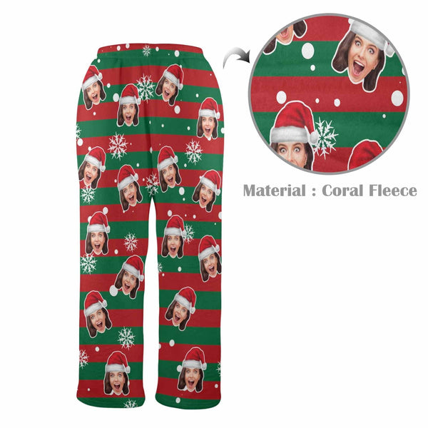 FacePajamas Pajama Shirt&Pants-Fleece Coral Fleece Pajama Trousers-Custom Face Red And Green Christmas Snowflake Warm and Comfortable Sleepwear Long Pajama Pants For Men Women