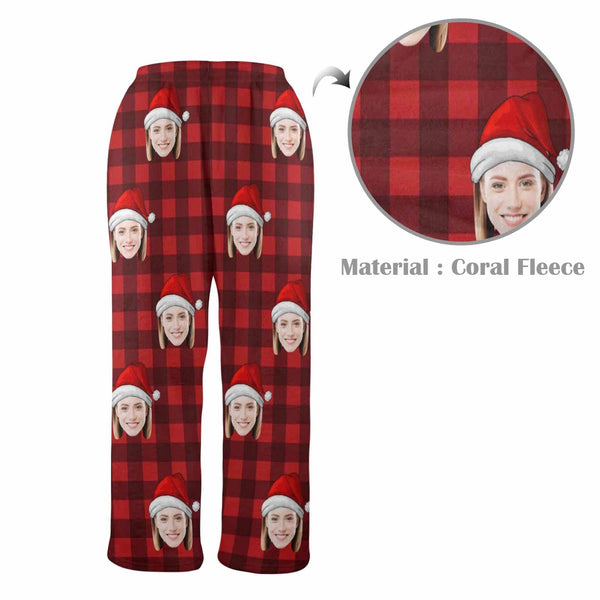 FacePajamas Pajama Shirt&Pants-Fleece Coral Fleece Pajama Trousers-Custom Face Red Plaid Warm and Comfortable Sleepwear Long Pajama Pants For Men Women