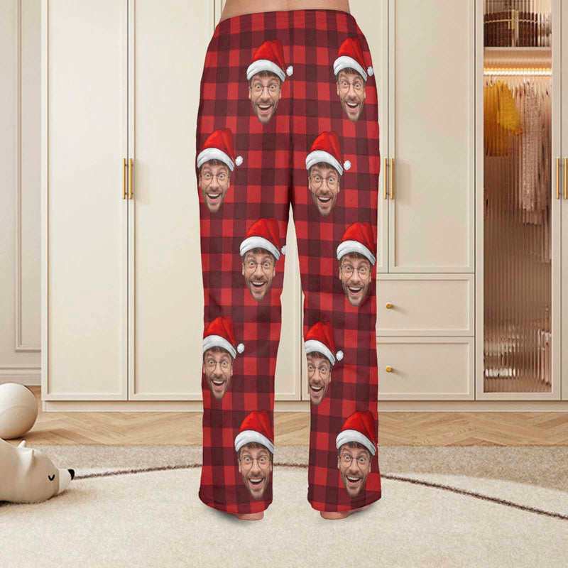 FacePajamas Pajama Shirt&Pants-Fleece Coral Fleece Pajama Trousers-Custom Face Red Plaid Warm and Comfortable Sleepwear Long Pajama Pants For Men Women