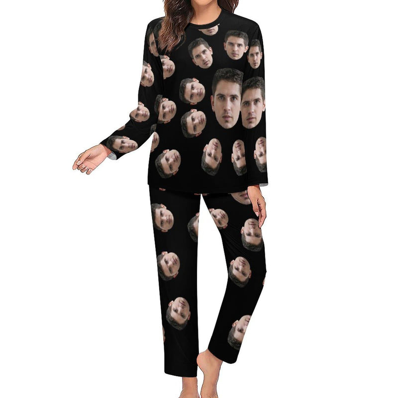 FacePajamas Pajama Custom Face Cute Black Crewneck Long Sleeve Pajama Set Personalized Photo Sleepwear Sets Nightwear for Men&Women