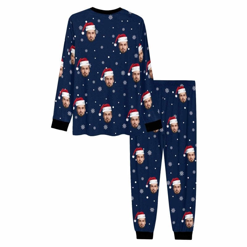 FacePajamas Pajama Custom Face Pajamas Personalized Christmas Hats and Snowflakes Men's Crew Neck Long Sleeve Pajama Set