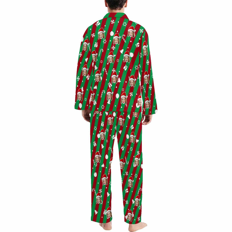 FacePajamas Custom Face Pajamas Personalized Christmas Red and Green Stripes Men's V-Neck Long Sleeve Pajama Set