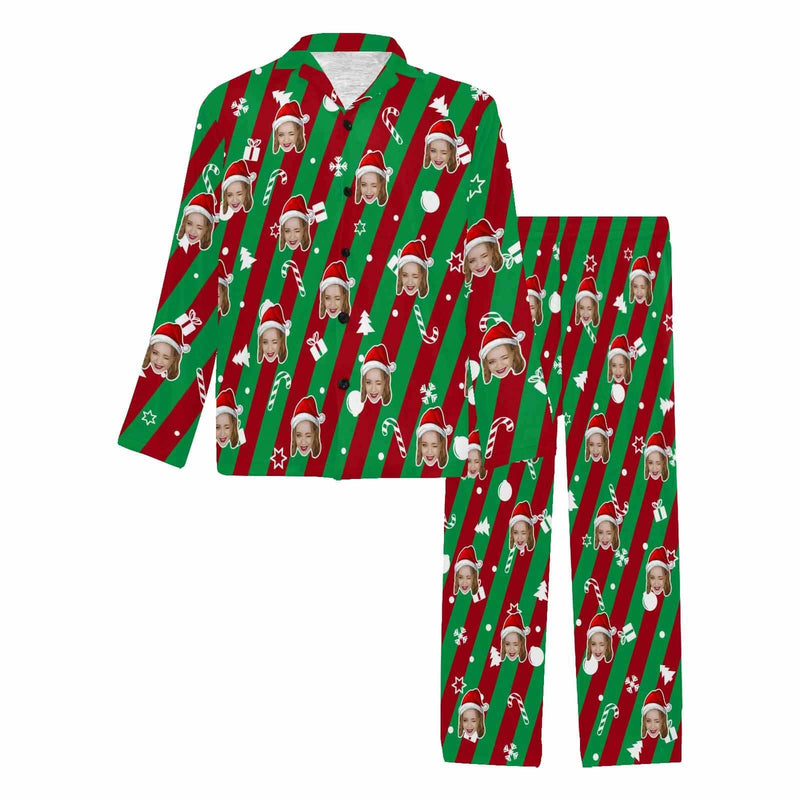 FacePajamas Custom Face Pajamas Personalized Christmas Red and Green Stripes Men's V-Neck Long Sleeve Pajama Set