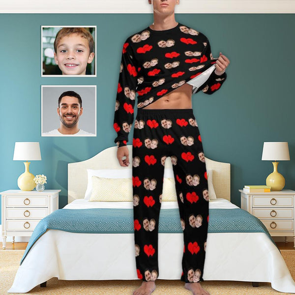 FacePajamas Pajama Father's Photo Pajamas Custom Face Dad Love Kids Love Heart Men's Pajamas Personalized Pajama Set Funny Long Sleeve Nightwear