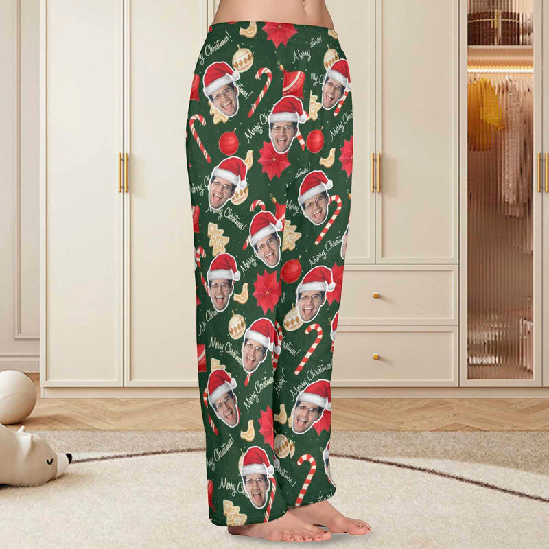 FacePajamas Pajama Shirt&Pants-Fleece For Women / S Coral Fleece Pajama Trousers-Custom Face Christmas Sticks Red Hat Warm and Comfortable Sleepwear Long Pajama Pants For Men Women