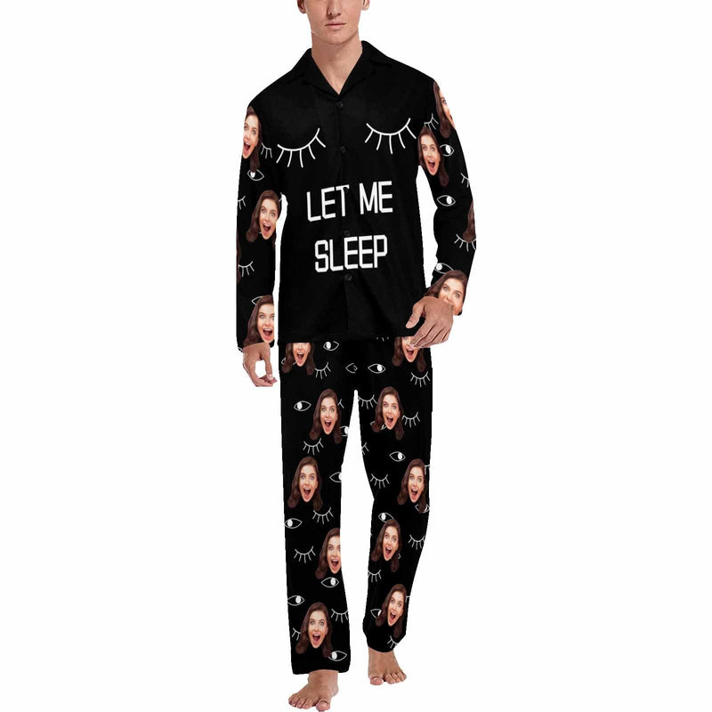 FacePajamas Pajama Shirt&Pajama Pants-Custom Face Pajamas Let Me Sleep Men's Sleepwear Personalized Photo Men's V-Neck Long Pajama Set